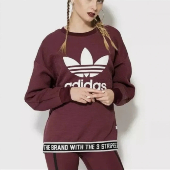 Adidas Maroon White Trefoil 3 Stripes Banded Sweatshirt Top Women's Size Small - Picture 12 of 12
